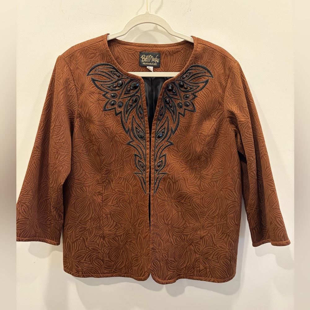 Bob Mackie Brown Embroidered Open-Front Jacket Western Style Design.